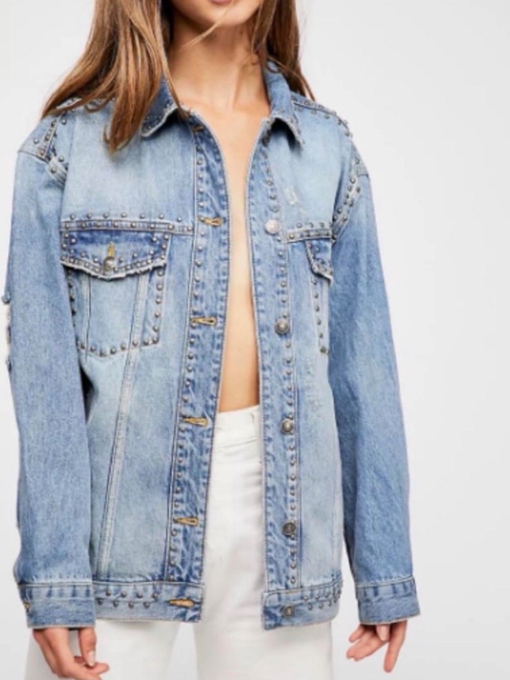 Free People Distressed Studded Denim Jacket